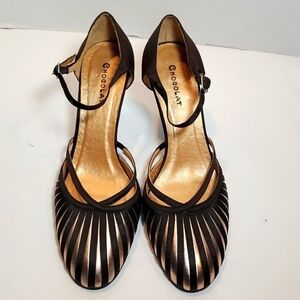 Chocolat Blu Brown Satin Metallic Strappy Heels Sz 38, 7-7.5